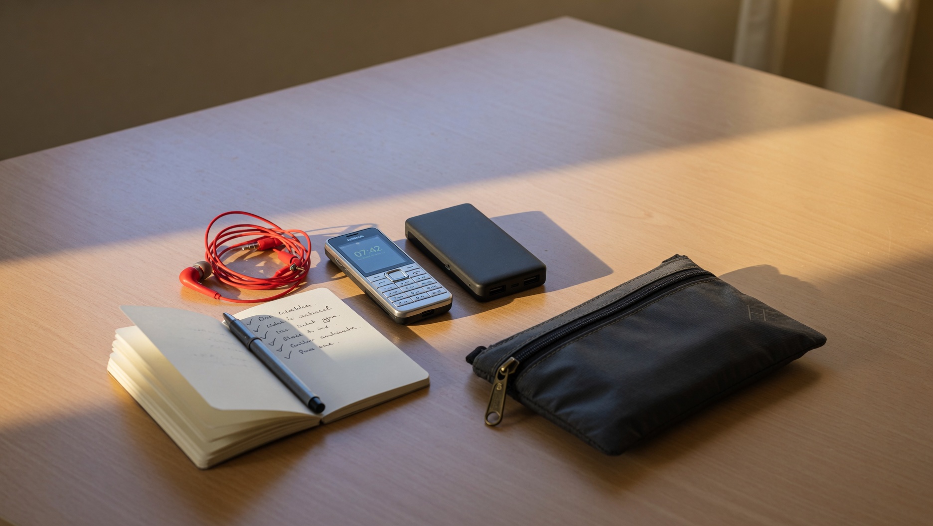 Minimalist dumbphone starter kit with phone, earbuds, Faraday pouch, and power setup