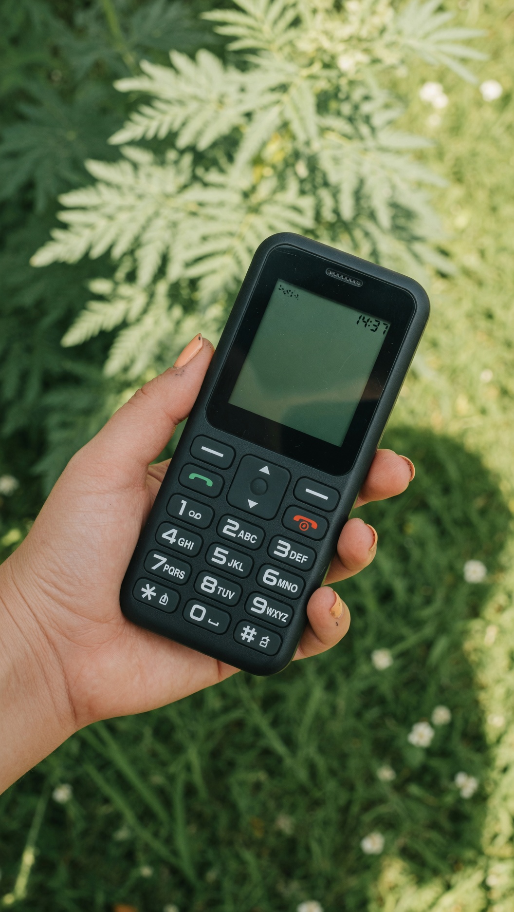Hand holding a dumbphone with physical keypad in daylight