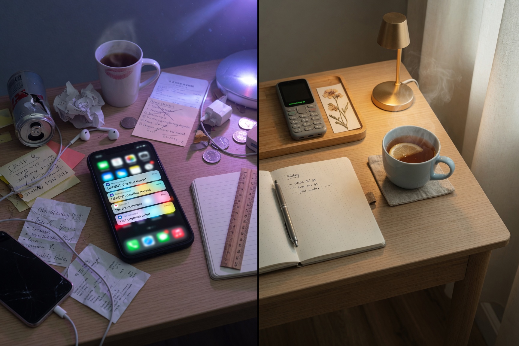 Split visual of overstimulated smartphone mode versus calm dumbphone setup