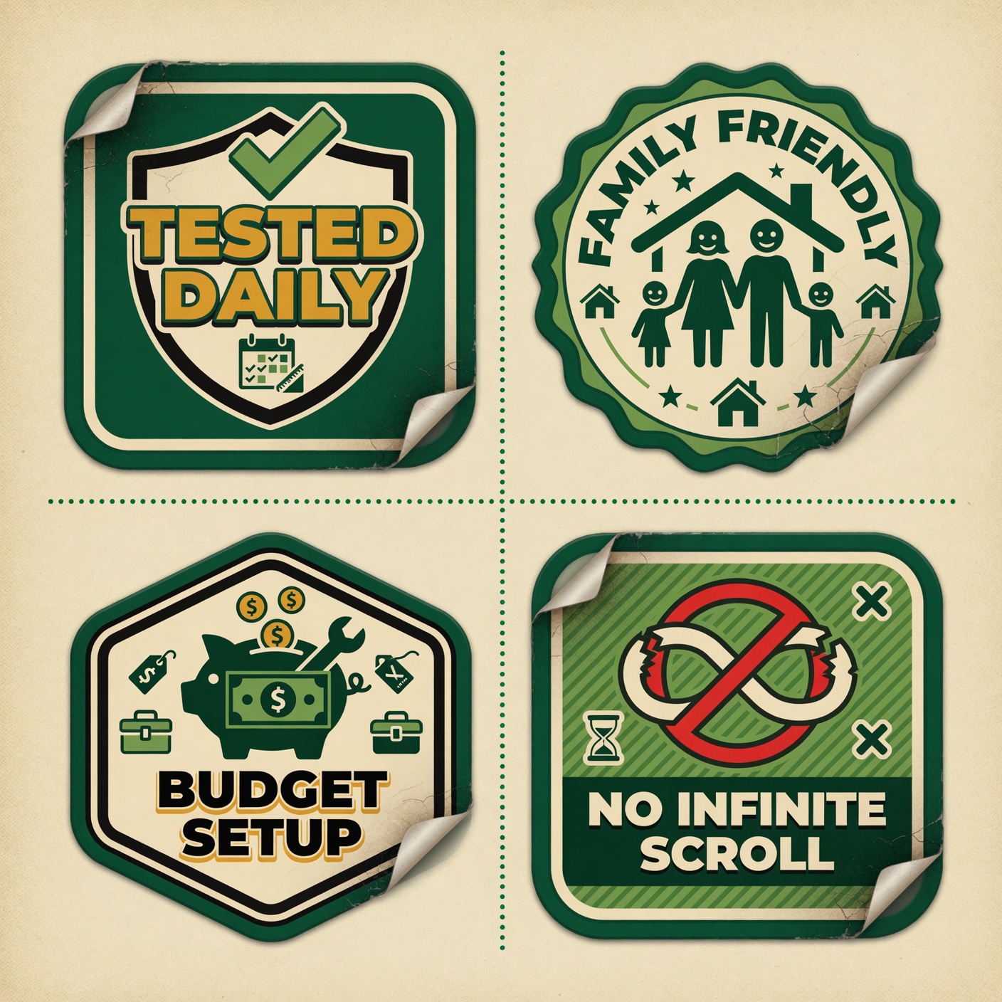 Trust badges for tested daily, budget friendly, no app noise, and works offline