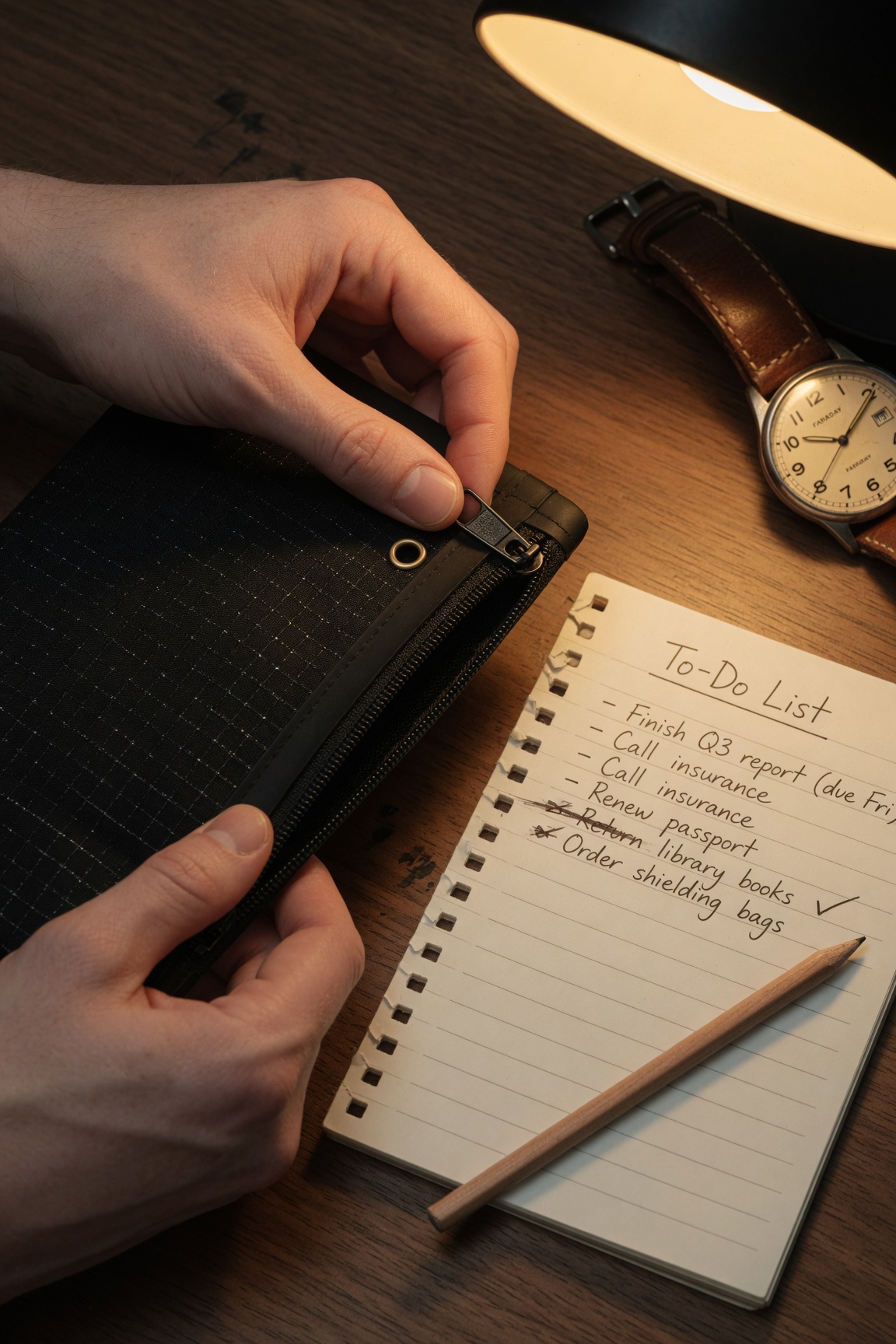 Hands zipping a Faraday pouch as part of a focus ritual