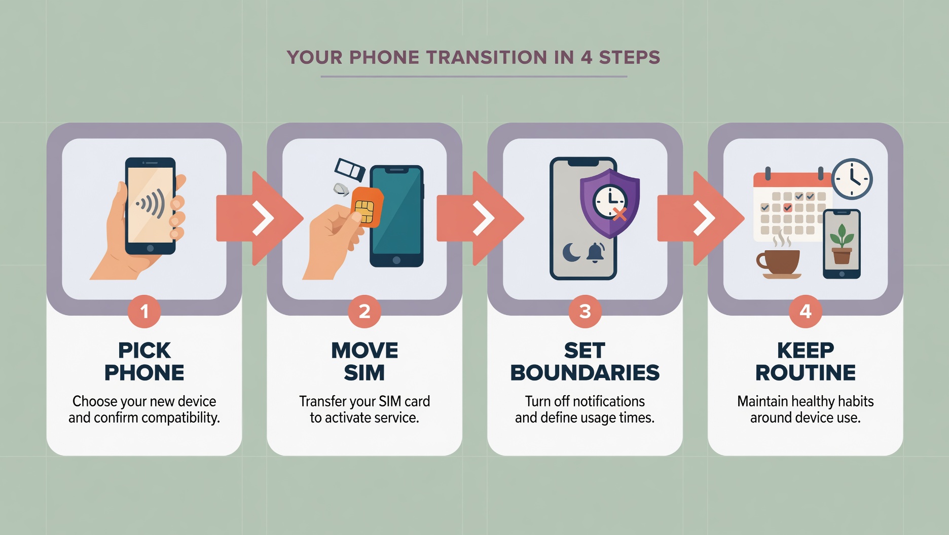 Five-step visual flow for switching from smartphone to dumbphone