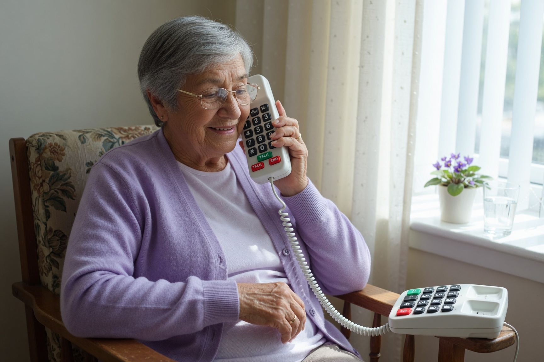 Older adult comfortably using a simple large-button feature phone