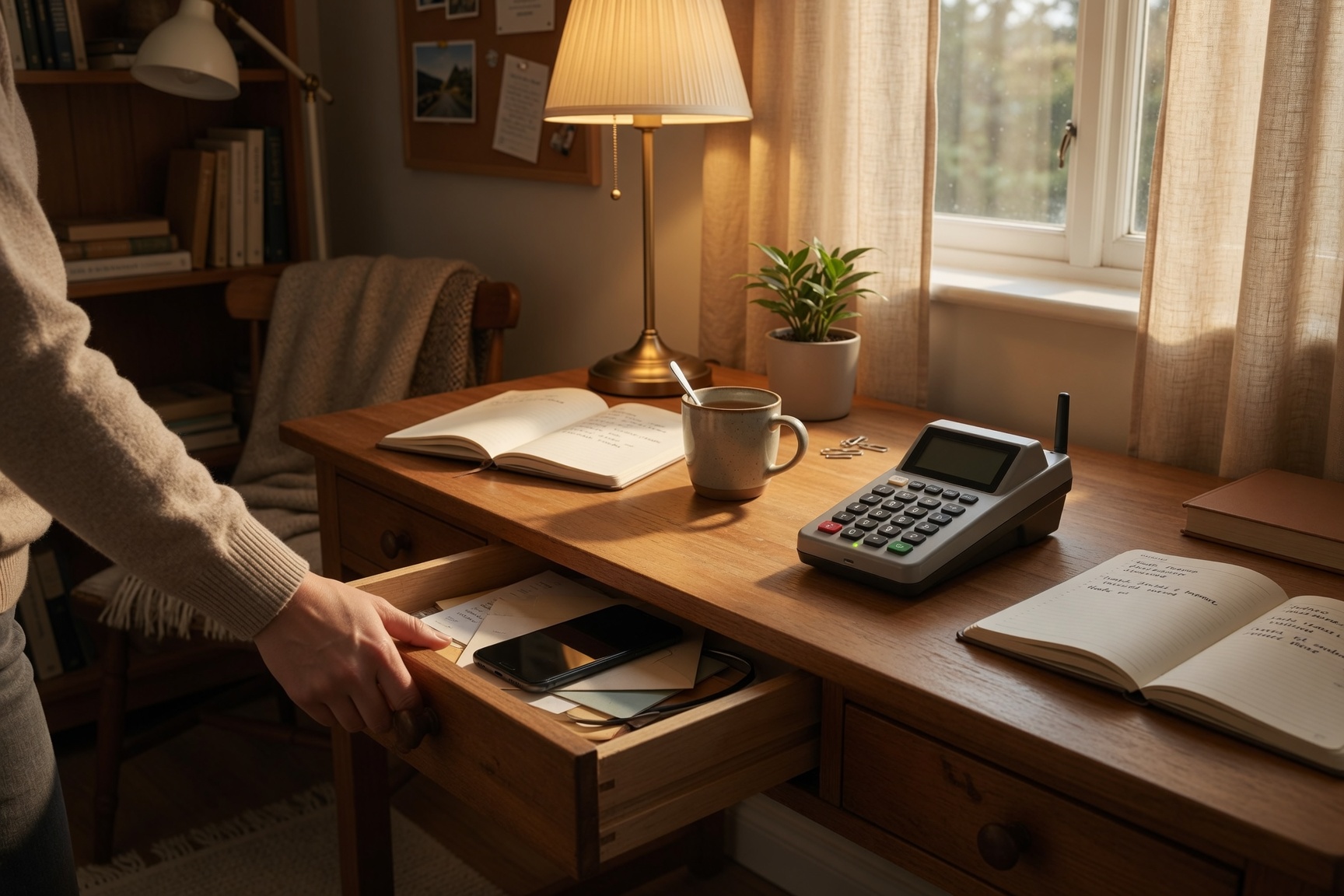 Person putting a smartphone in a drawer while a simple phone remains on the desk