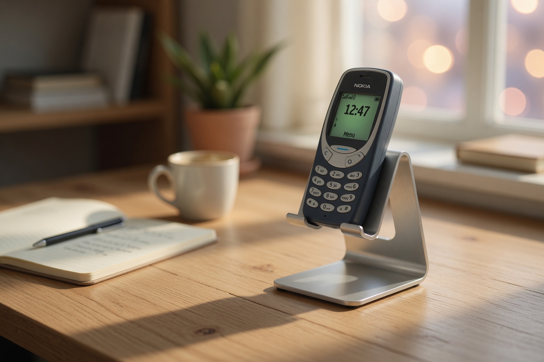 Nokia 3210 in a minimalist brushed aluminum phone stand on a warm wooden desk